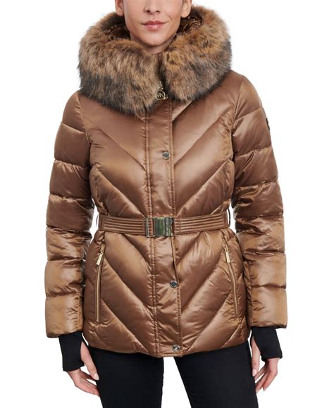 michael kors belted faux-fur-trim hooded puffer coat|Women's Belted Faux.